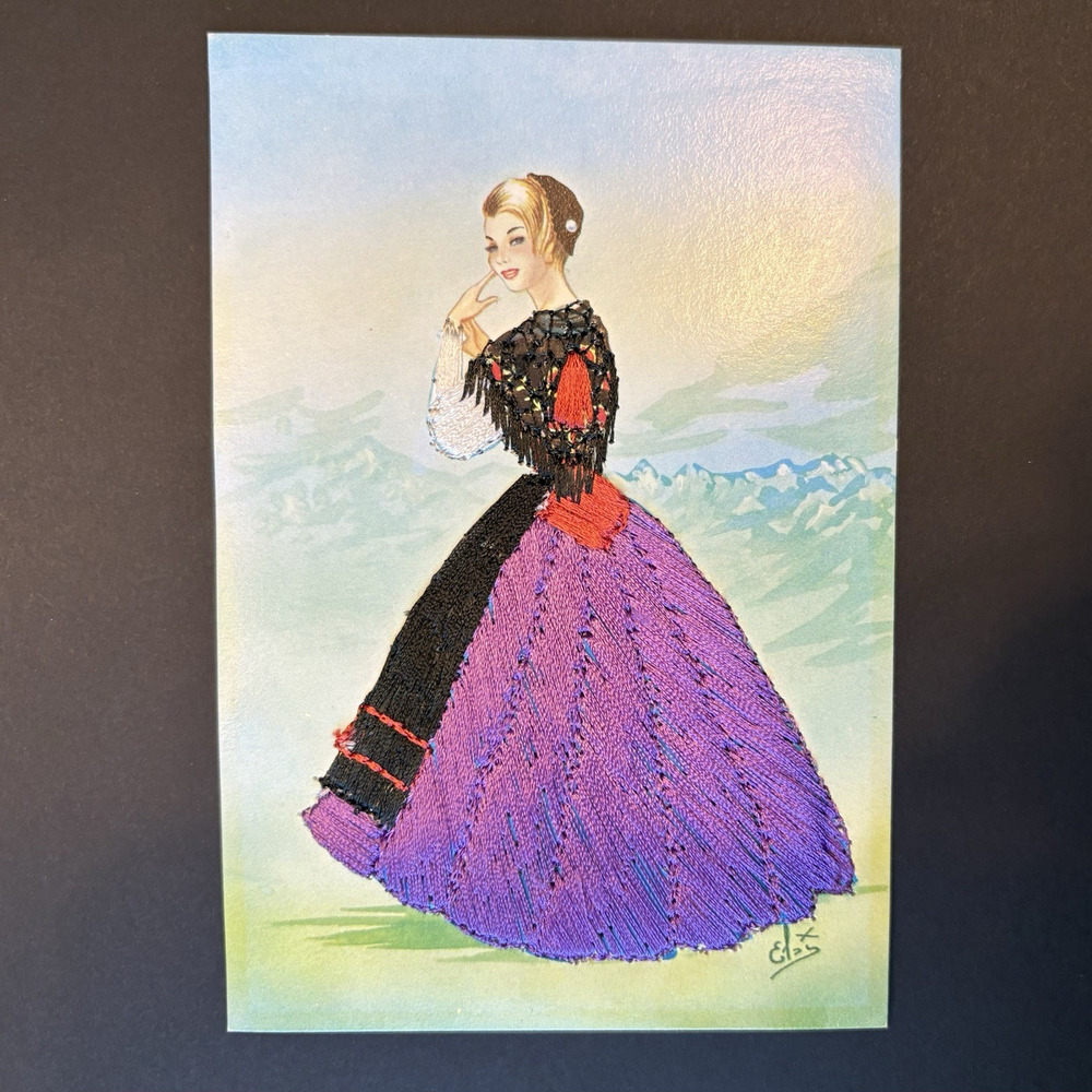 Vintage Embroidered Card of Woman Wearing Swiss National Costume‎ Purple Black